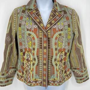 Coldwater Creek Wearable Art Embroidered Aztec Earthtones Snap Front Jacket L